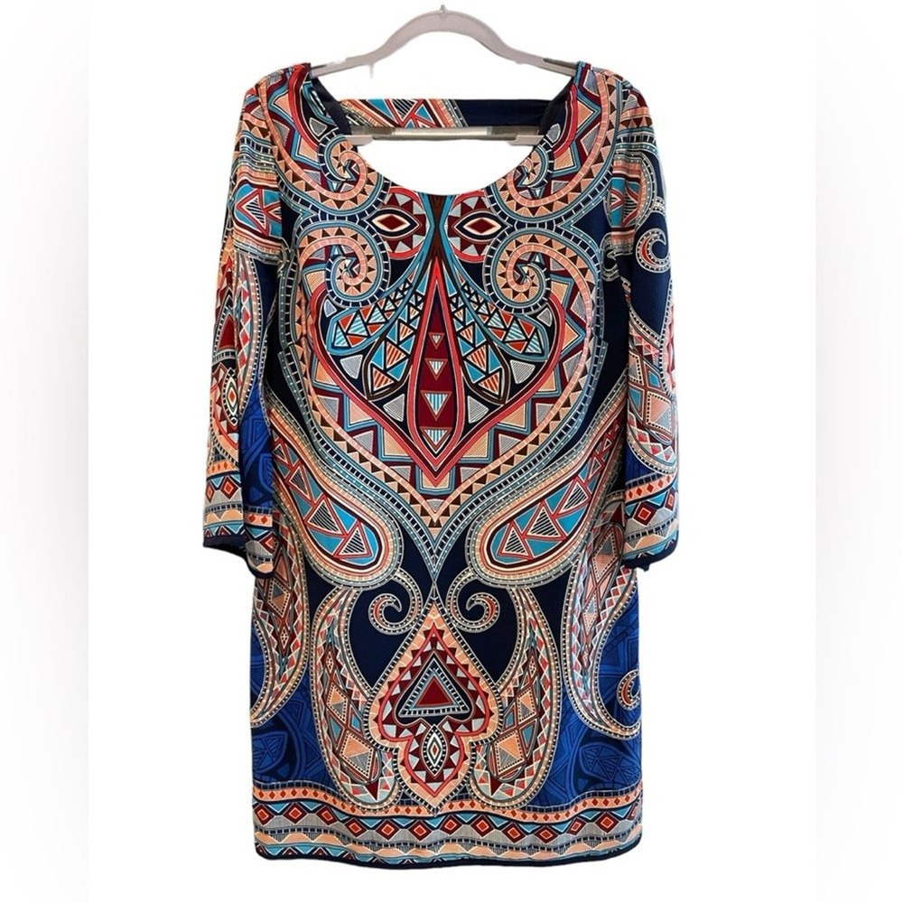 Pink Owl Shift Dress Multicolor Geometric Tribal‎ Boho Bell Sleeve Womens Small